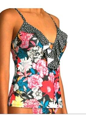 Time and Tru Black Floral Ruffle Strappy Cami